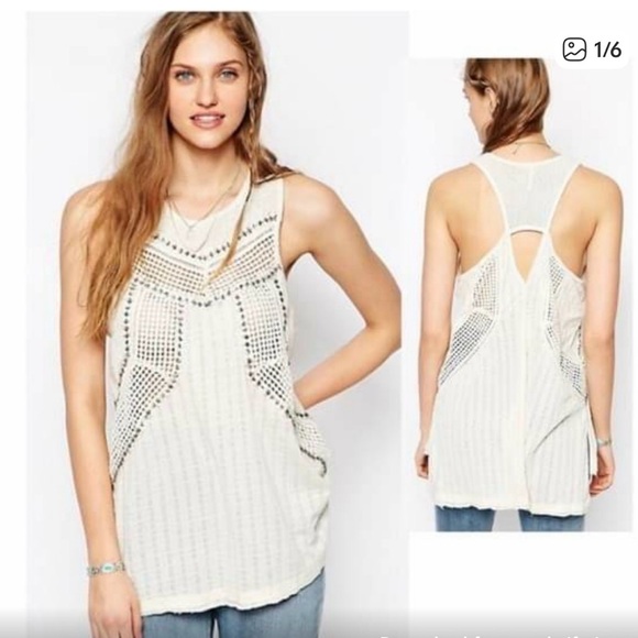 Free People Tops - Free People Women's Cream Beaded Crochet-Detail Tank Top
